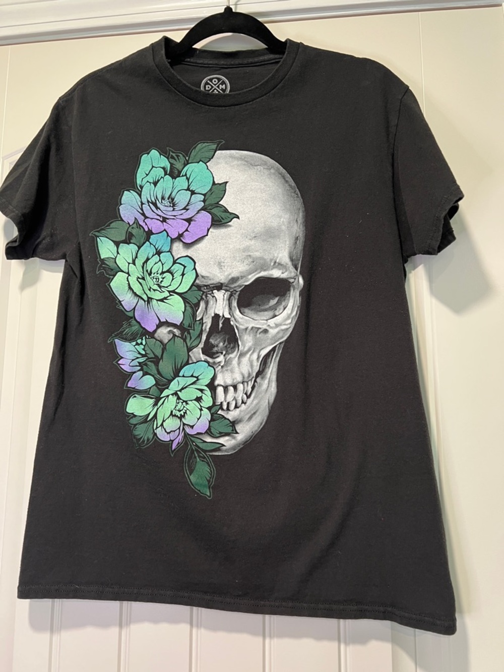 Black Short Sleeve Tee with Floral Skull Graphic